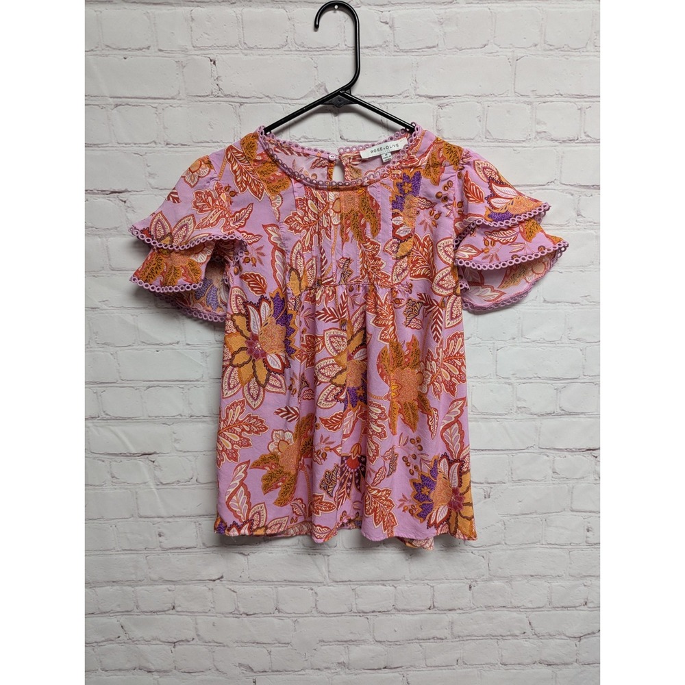 ROSE & OLIVE red pink orange floral Flutter Scallop sleeve blouse sz M NWOT 272